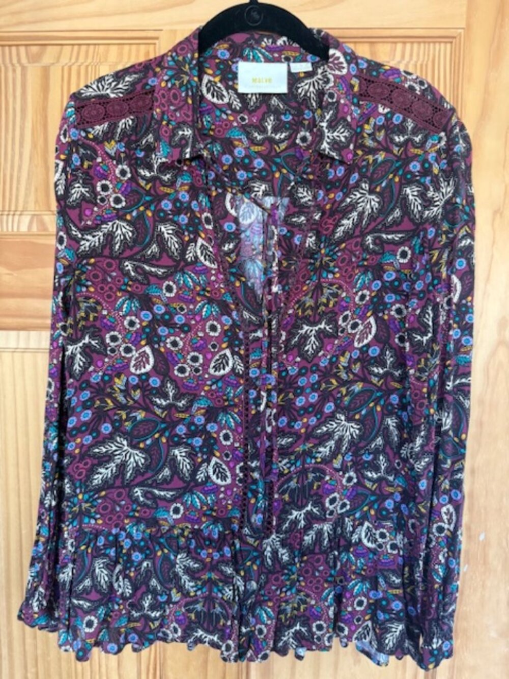 Anthropologie Maeve Floral Peasant Blouse Burgundy Boho Button Tunic Top